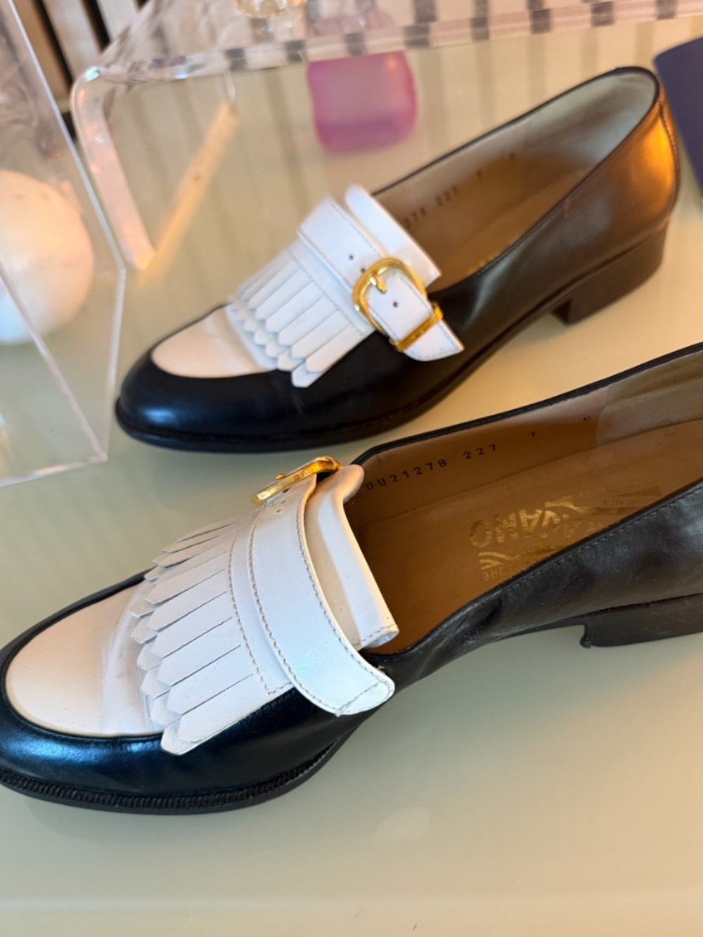 Ferragamo Loafers Black and White, Gold hardware, size &